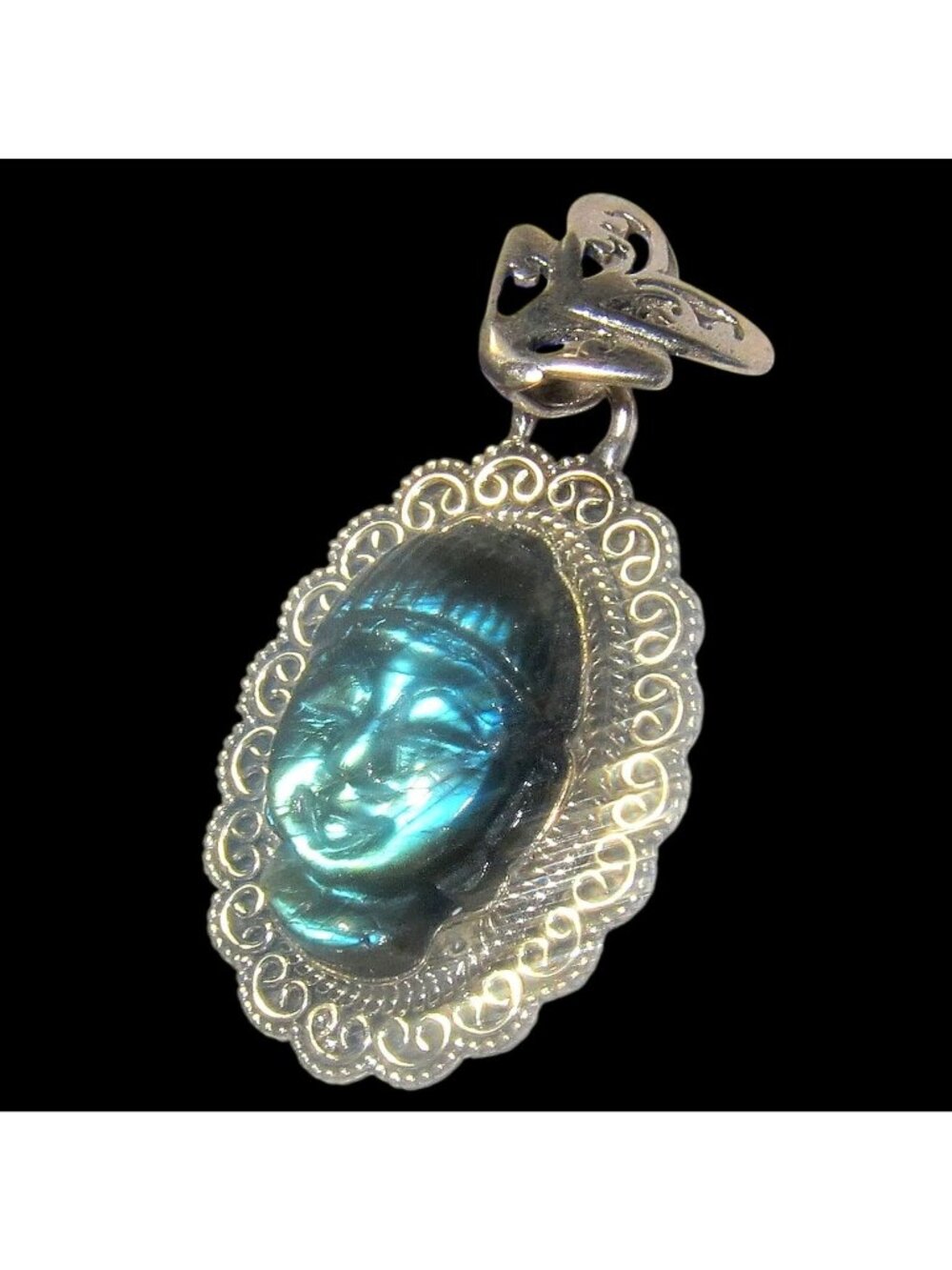 Labradorite Pendant Zen Blue Buddha Sterling Silver Blue Flashy Gemstone Crystal